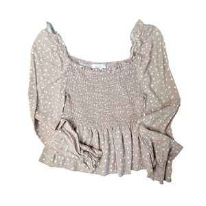 Billabong Romantics Mauve Polka Dot Smocked Peplum Long Sleeve Top Small